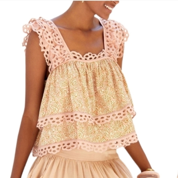 Anthropologie Let Me Be Maeve & Cream Eyelet Swing Kiera Printed Top - Size XS - Picture 1 of 10